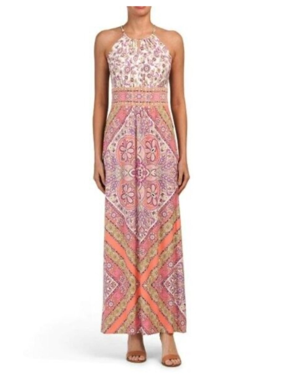 London Times Floral Halter Maxi Dress in Pink and White